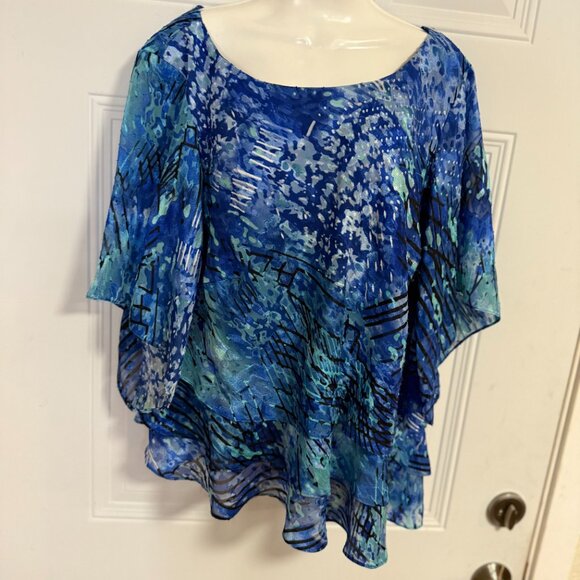 Alex Evenings Women’s Blue Abstract Poncho Blouse Top Size 2X Glam Country Club - Picture 5 of 7